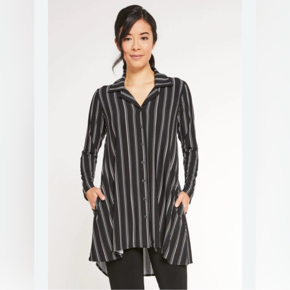 Sympli Black trapeze shaped tunic / shorter dress with cream and blue stripes